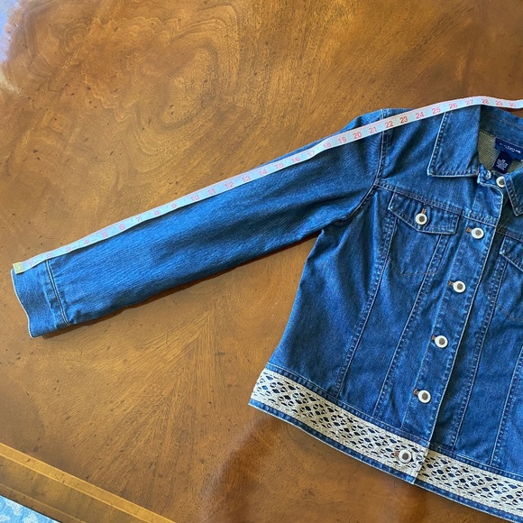 Ann Taylor denim jacket crochet embroidered hem petite small - Picture 11 of 16